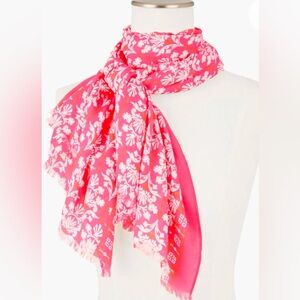 Talbots Red and Cream Damask Bouquet Oblong Scarf w/ Metallic Thread  27” by 72”